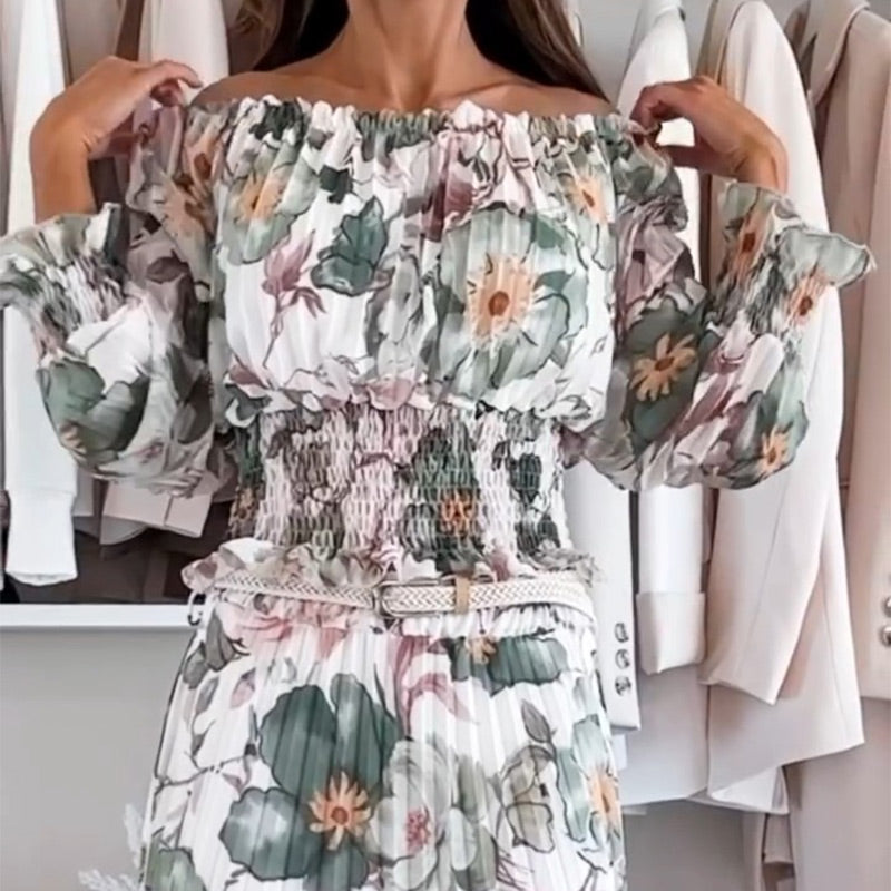 🌸Top floral cu umerii deschiși și set din două piese cu fustă maxi