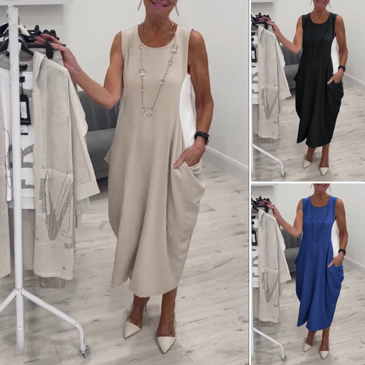 ✨Rochie simplă din in, fără mâneci, cu buzunare