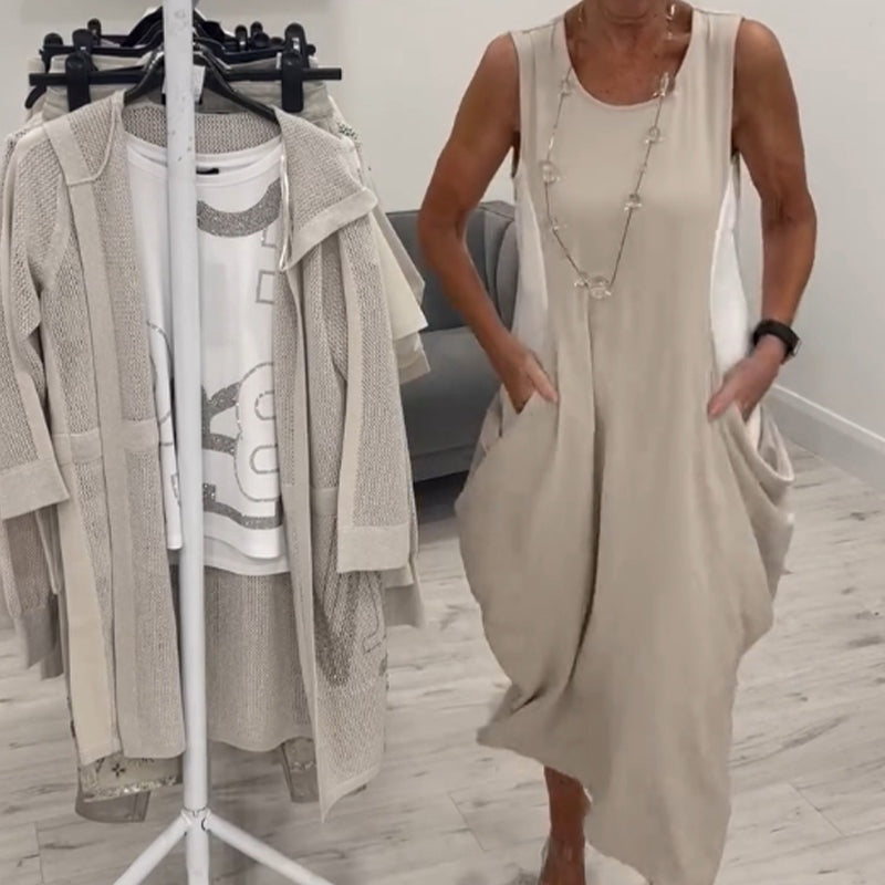 ✨Rochie simplă din in, fără mâneci, cu buzunare