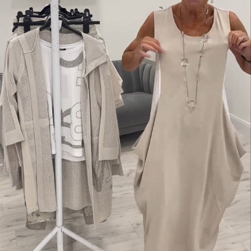 ✨Rochie simplă din in, fără mâneci, cu buzunare