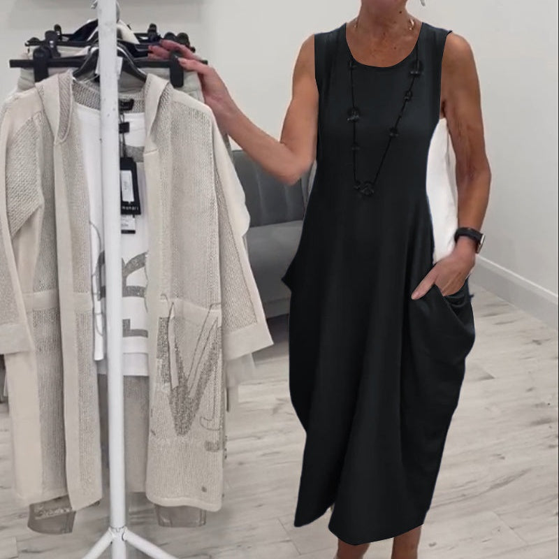 ✨Rochie simplă din in, fără mâneci, cu buzunare