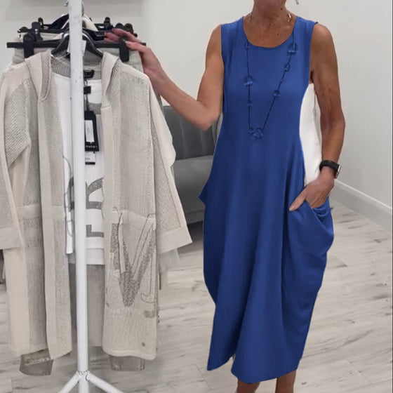 ✨Rochie simplă din in, fără mâneci, cu buzunare