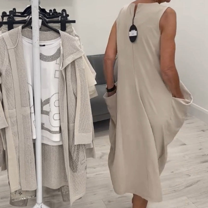 ✨Rochie simplă din in, fără mâneci, cu buzunare