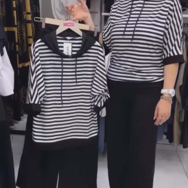 ✨Set de top cu dungi și pantaloni uni pentru damă