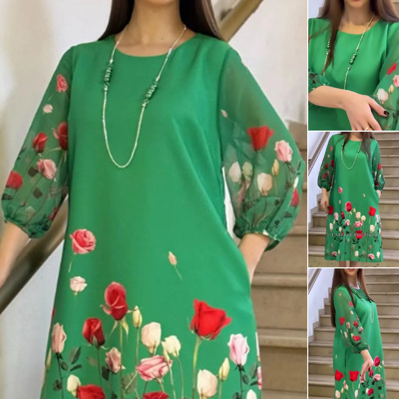 Rochie elegantă pentru femei, cu imprimeu floral și decolteu rotund
