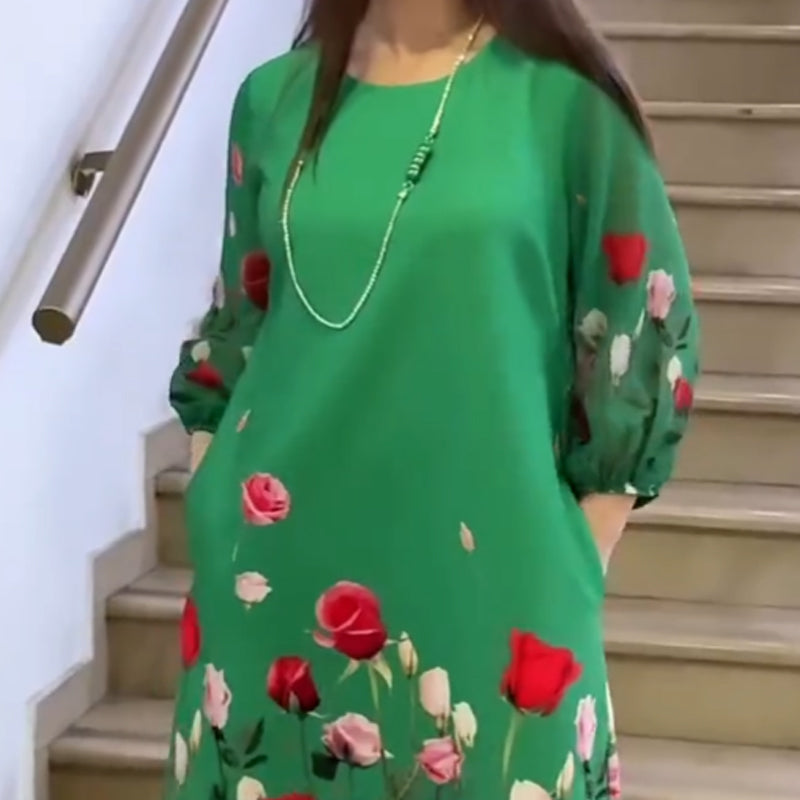 Rochie elegantă pentru femei, cu imprimeu floral și decolteu rotund