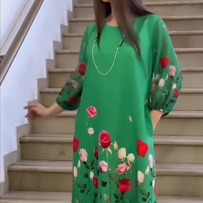 Rochie elegantă pentru femei, cu imprimeu floral și decolteu rotund