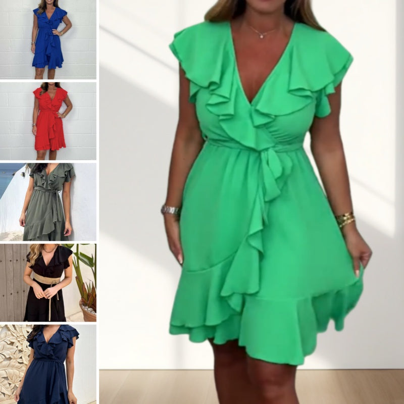 🔥Elegant talie cravată femei V-Neck rochie Ruffle