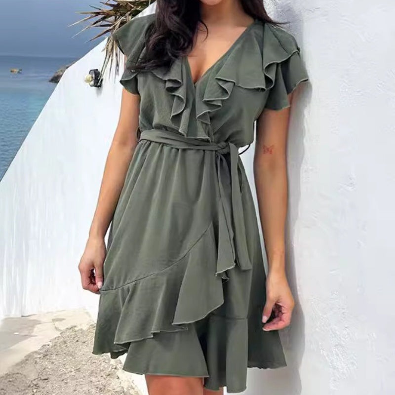 🔥Elegant talie cravată femei V-Neck rochie Ruffle