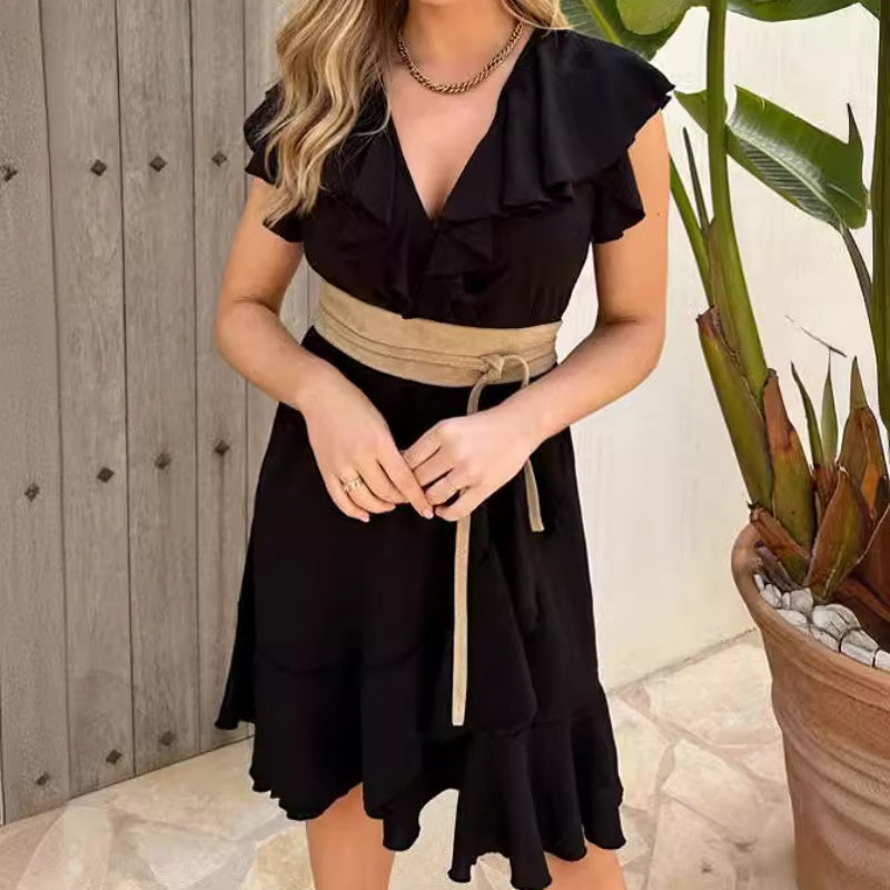 🔥Elegant talie cravată femei V-Neck rochie Ruffle