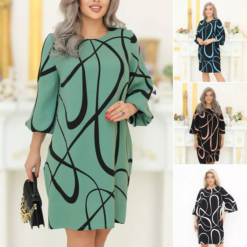 🌸 Rochie imprimată cu decolteu rotund și mâneci șapte sferturi