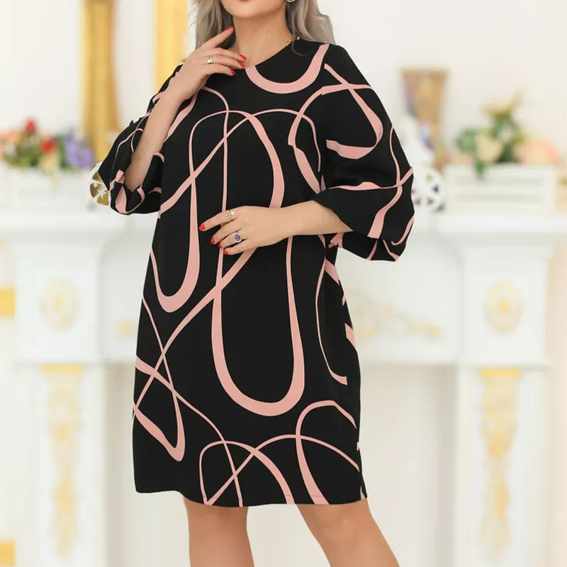 🌸 Rochie imprimată cu decolteu rotund și mâneci șapte sferturi
