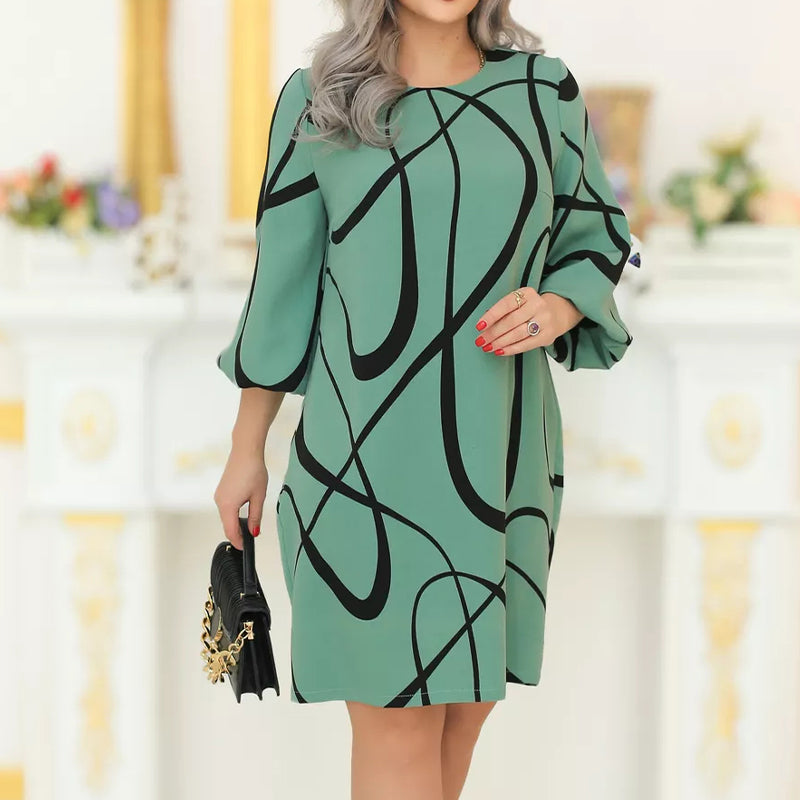🌸 Rochie imprimată cu decolteu rotund și mâneci șapte sferturi
