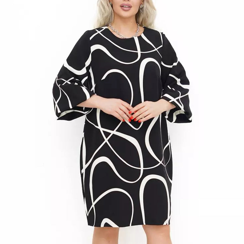 🌸 Rochie imprimată cu decolteu rotund și mâneci șapte sferturi