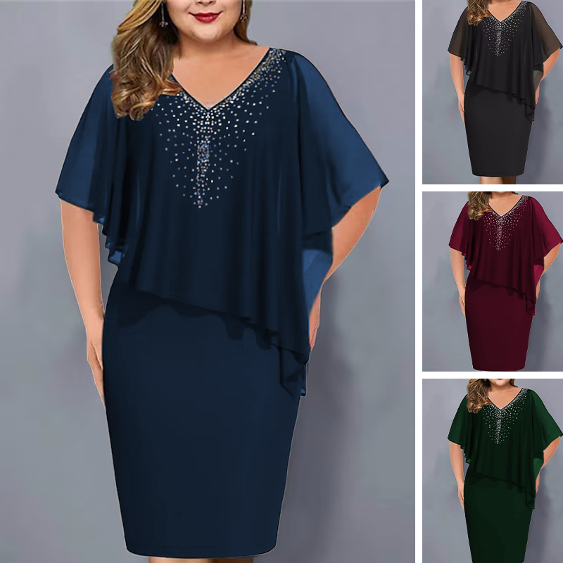 ✨Rochie din șifon cu decolteu în V și incrustații de strasuri