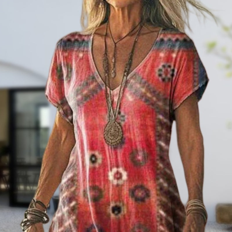 ✨Rochie de damă cu mânecă scurtă și imprimeu, decolteu în V