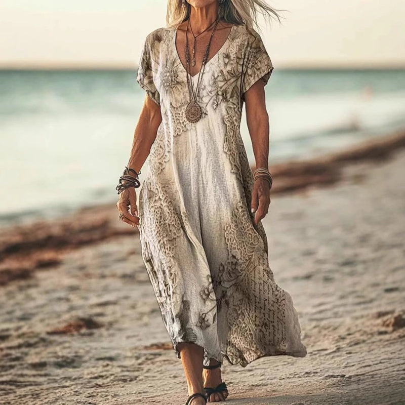 ✨Rochie de damă cu mânecă scurtă și imprimeu, decolteu în V