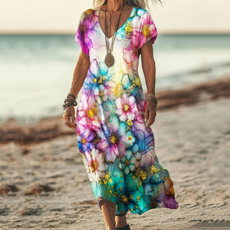 ✨Rochie de damă cu mânecă scurtă și imprimeu, decolteu în V
