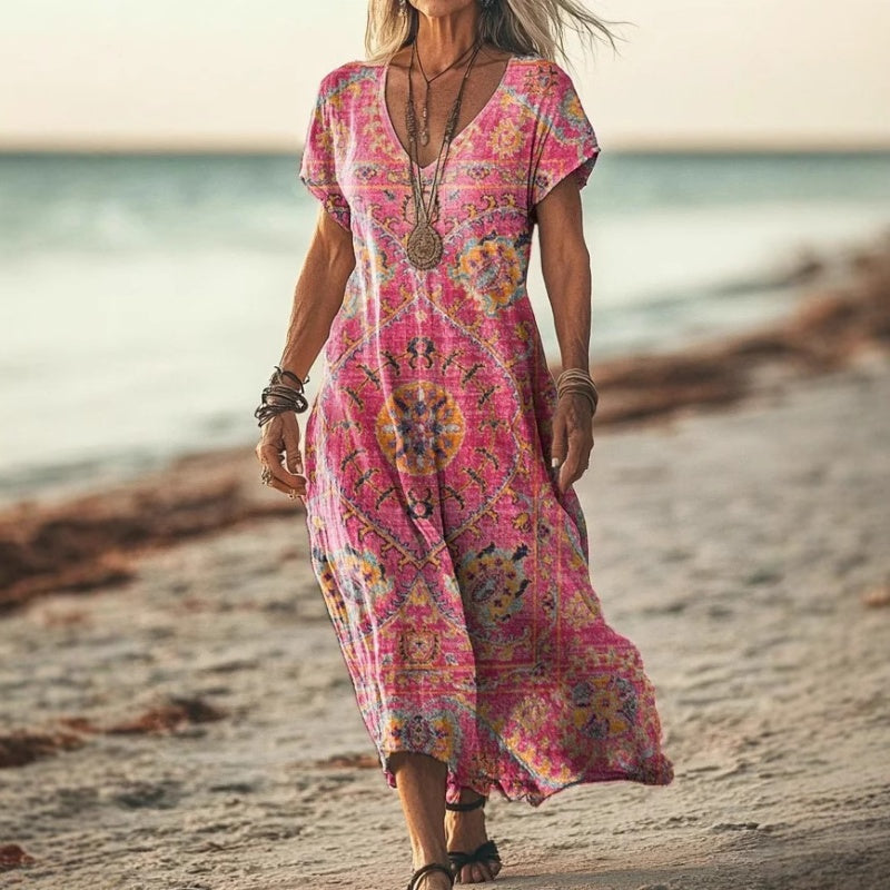 ✨Rochie de damă cu mânecă scurtă și imprimeu, decolteu în V