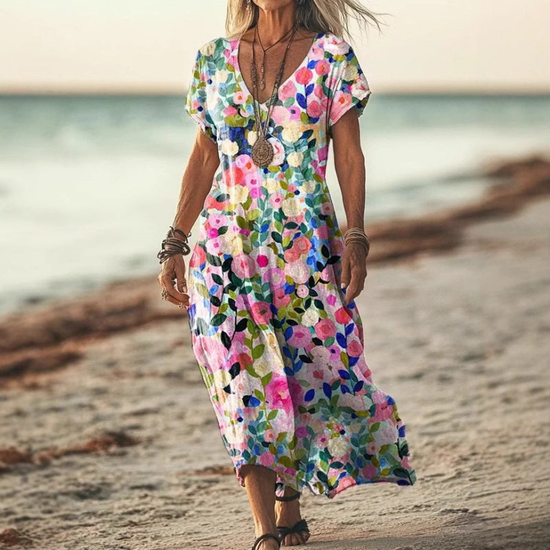 ✨Rochie de damă cu mânecă scurtă și imprimeu, decolteu în V