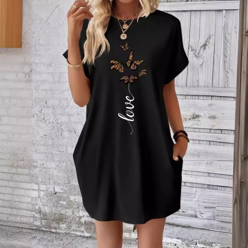 💖 Rochie casual cu decolteu rotund și fluturi brodați
