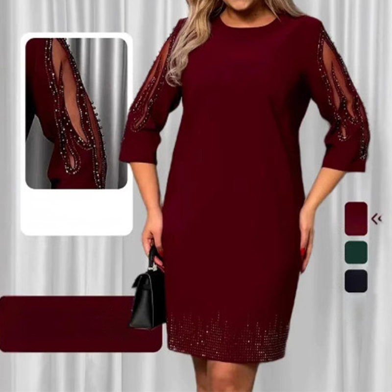 ✨Rochie cu mâneci șapte sferturi, decorată cu dantelă cu strasuri