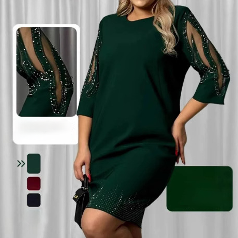 ✨Rochie cu mâneci șapte sferturi, decorată cu dantelă cu strasuri