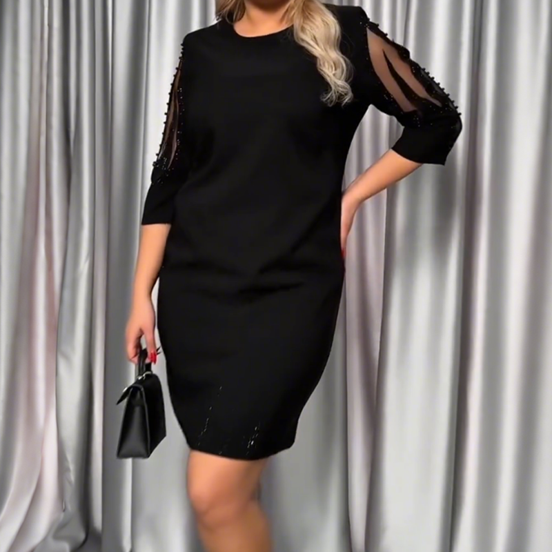 ✨Rochie cu mâneci șapte sferturi, decorată cu dantelă cu strasuri