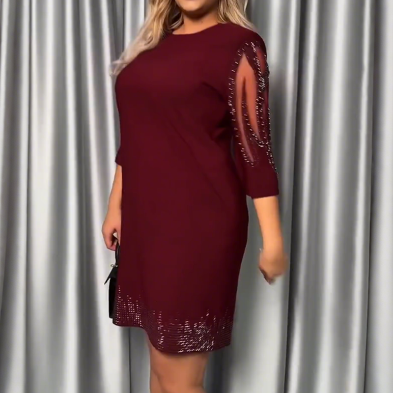 ✨Rochie cu mâneci șapte sferturi, decorată cu dantelă cu strasuri