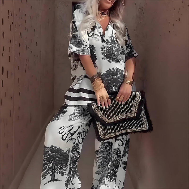 Set casual imprimat pentru femei, format din top cu decolteu în V și pantaloni lungi