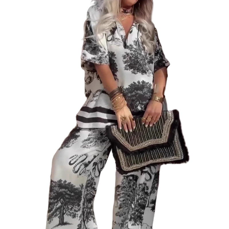 Set casual imprimat pentru femei, format din top cu decolteu în V și pantaloni lungi
