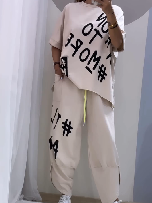 Costum casual din două piese imprimat, cu decolteu rotund