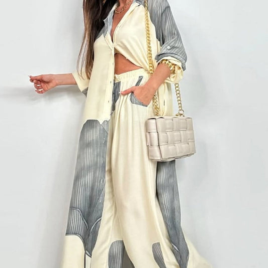 🌼Set cămașă lungă cu buton răsucit și pantaloni cu cordon