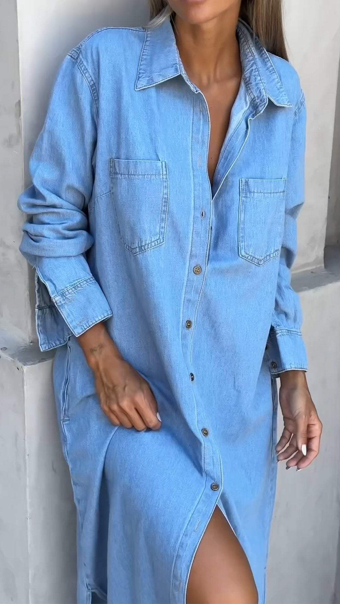 Rochie din denim cu maneci lungi si revere