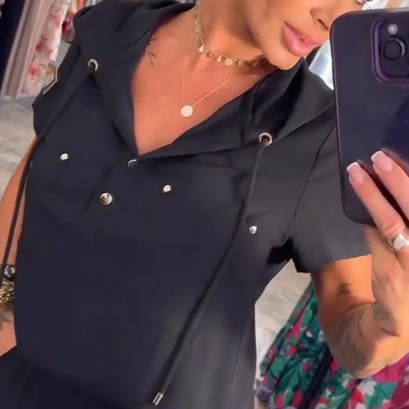 Bluzka z kapturem i dekoltem w serek, krótki rękaw, spodnie, dwuczęściowy zestaw