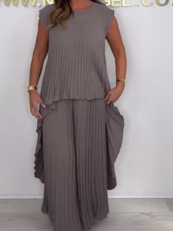 💖Bluză cu mânecă scurtă și plisate și pantaloni lejeri