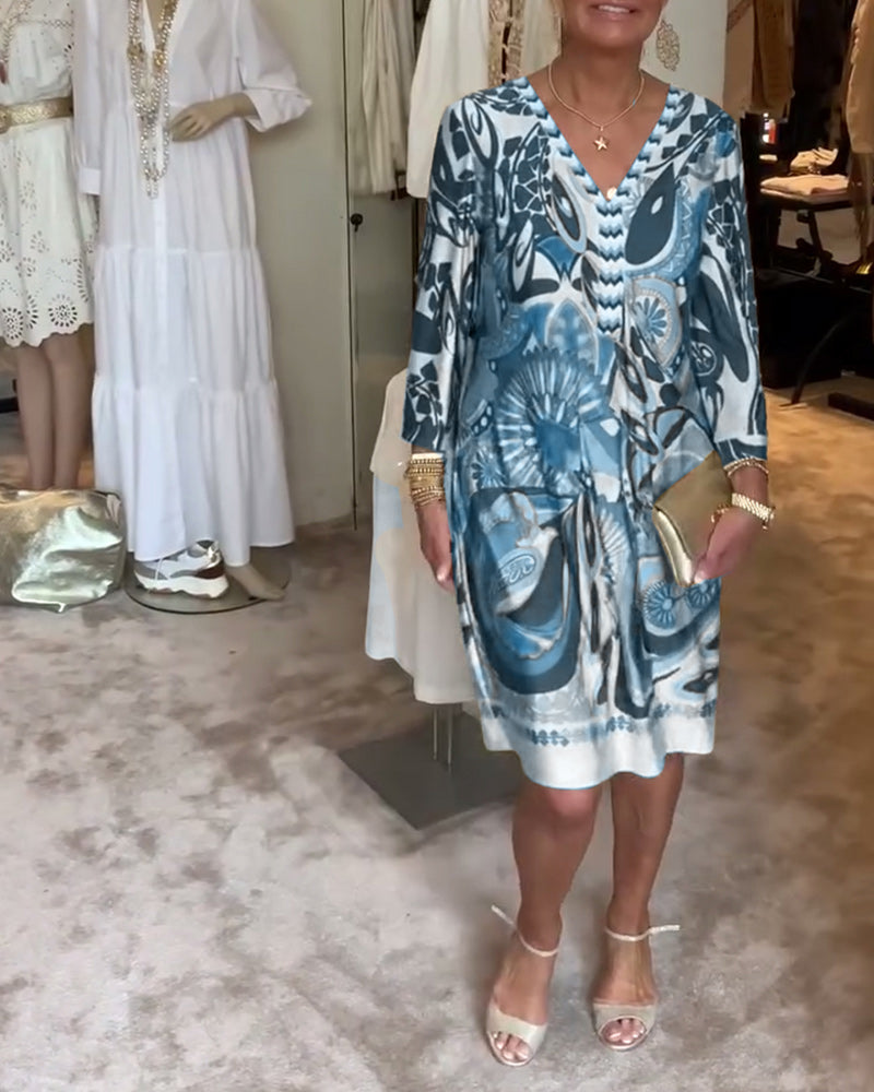 Rochie casual cu decolteu în V și imprimeu vintage