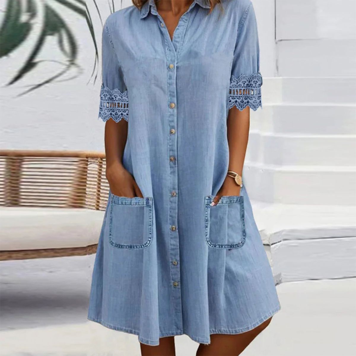 ⏳Rochie dreaptă albastră cu guler și bordură din dantelă în stil Mini denim