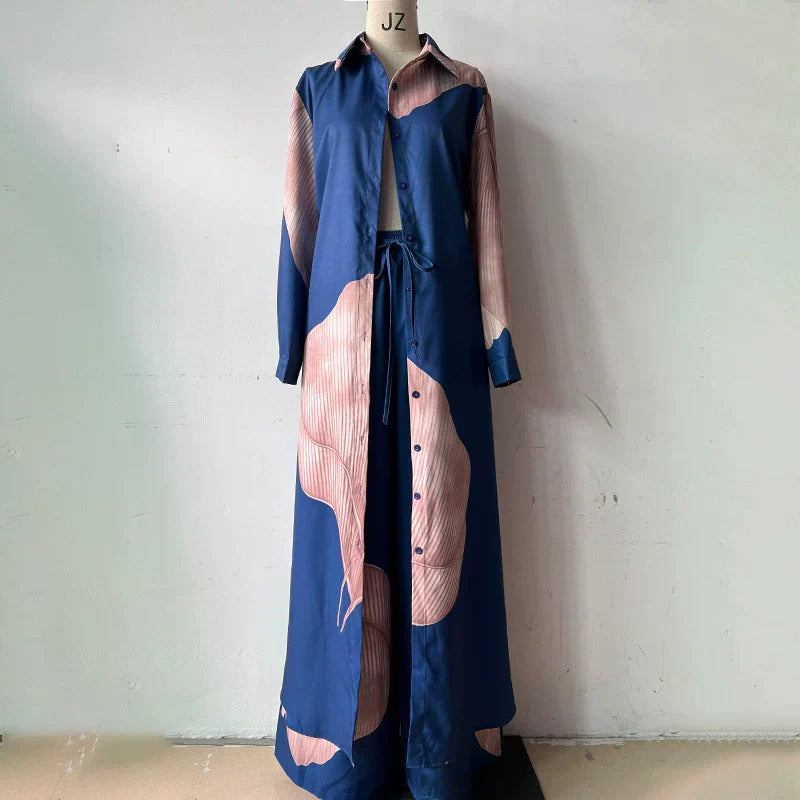 🌼Set cămașă lungă cu buton răsucit și pantaloni cu cordon