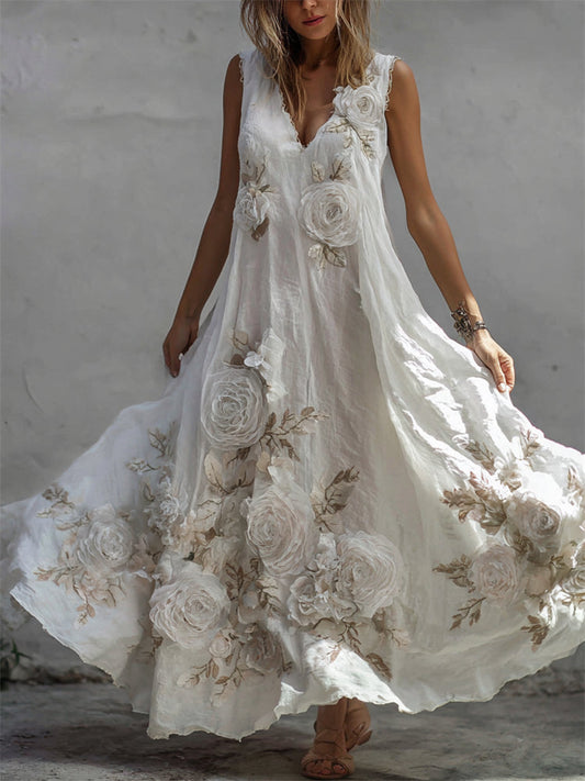 Sukienka maxi z lnu w stylu vintage z wzorem białej róży