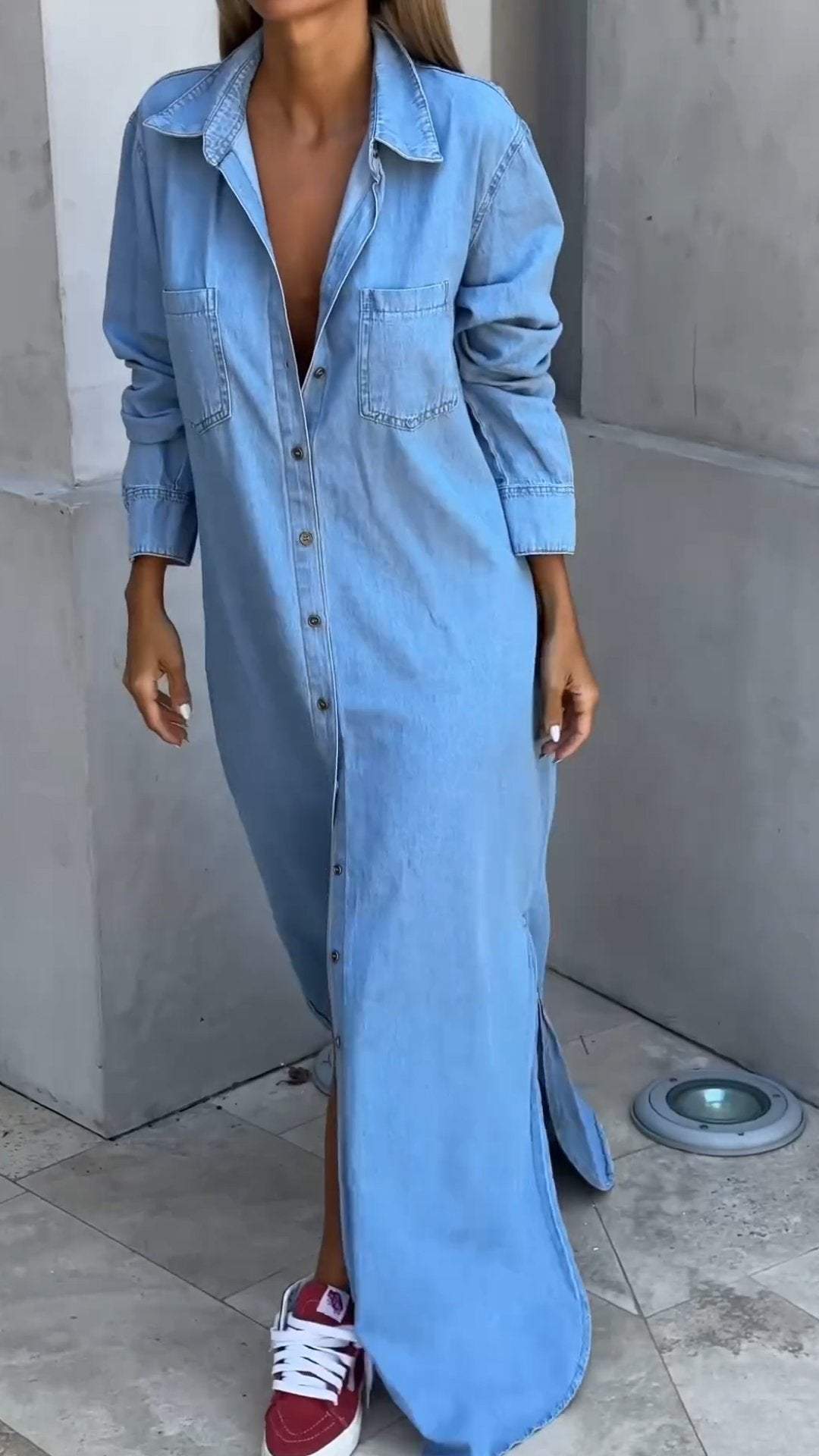 Rochie din denim cu maneci lungi si revere