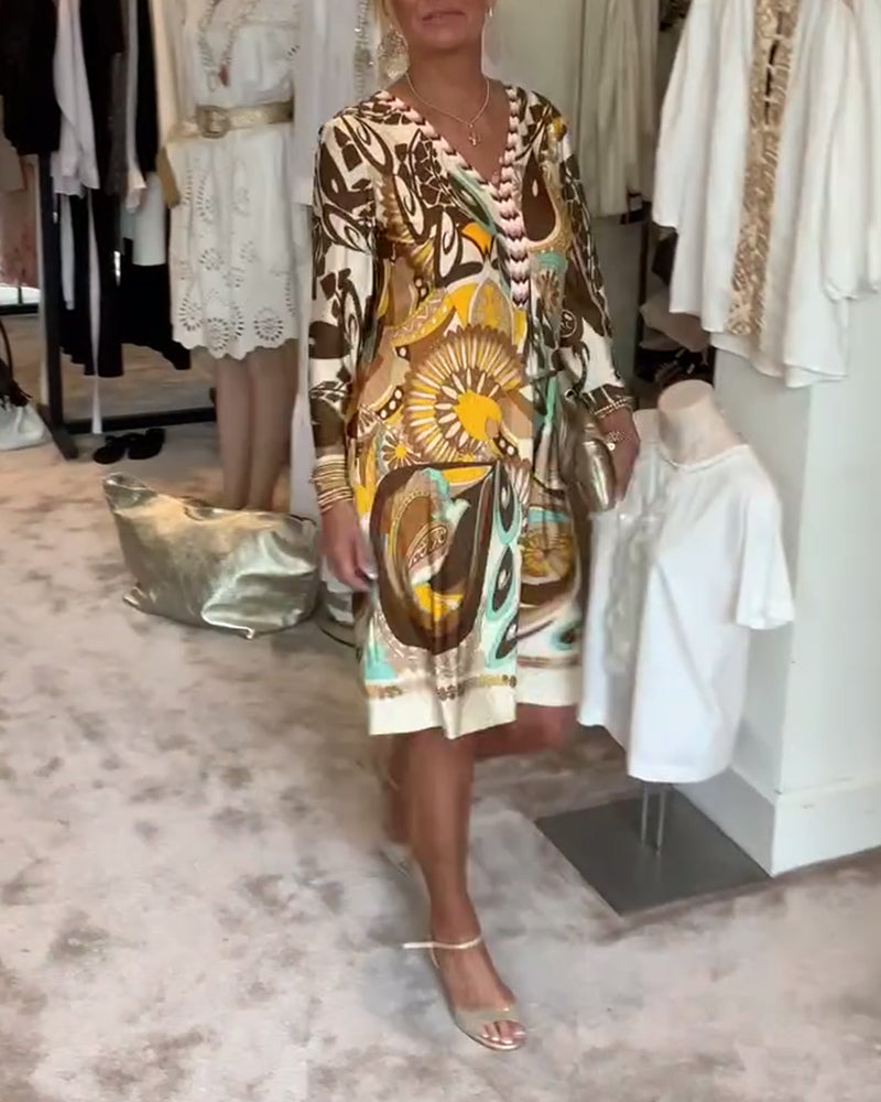 Rochie casual cu decolteu în V și imprimeu vintage