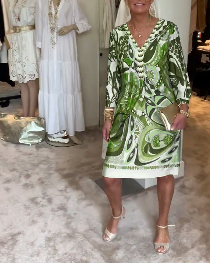 Rochie casual cu decolteu în V și imprimeu vintage