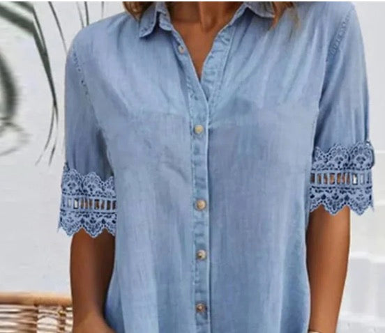 ⏳Rochie dreaptă albastră cu guler și bordură din dantelă în stil Mini denim