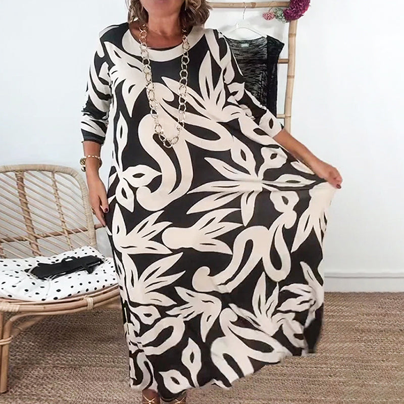 🌼Elegancka, luźna, z okrągłym dekoltem, wzorzysta sukienka damska