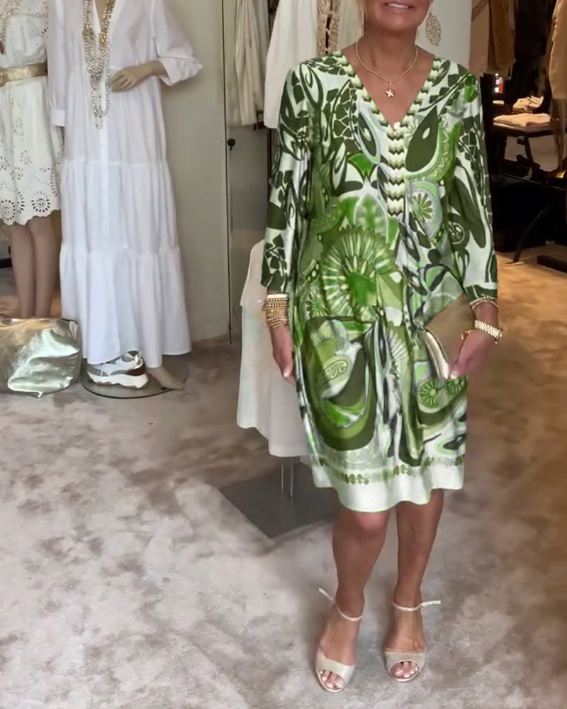 Rochie casual cu decolteu în V și imprimeu vintage