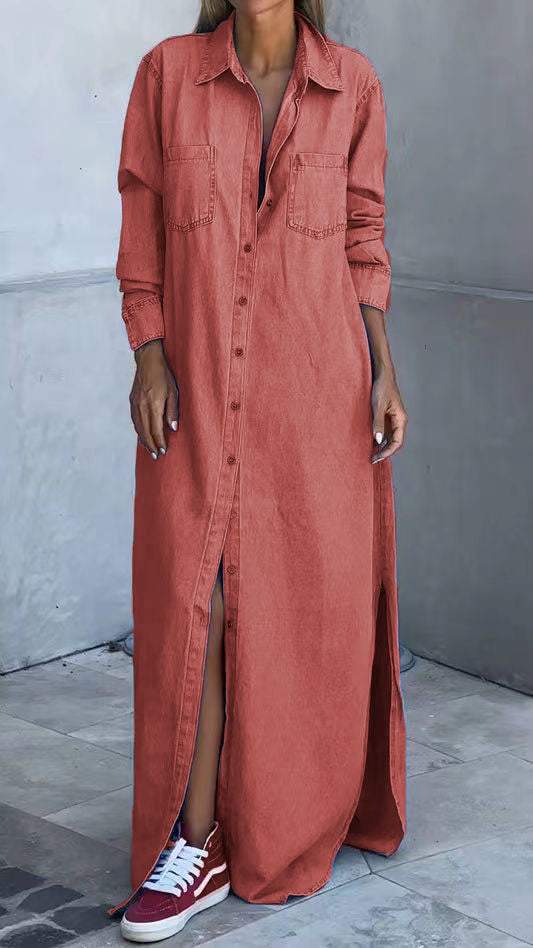 Rochie din denim cu maneci lungi si revere