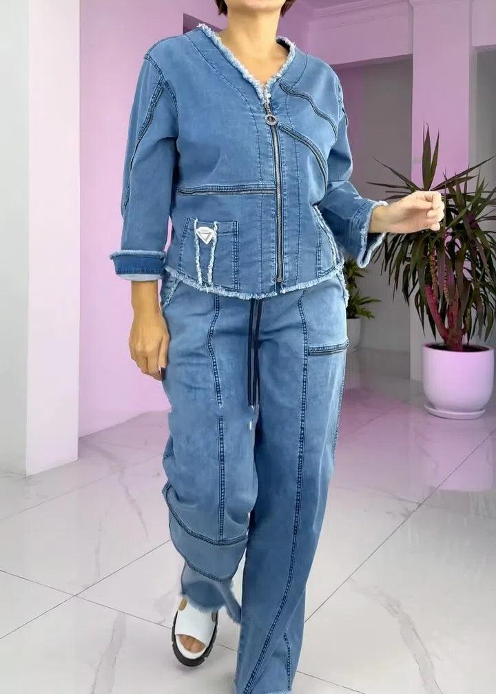 Costum de damă vintage din denim cu fermoar