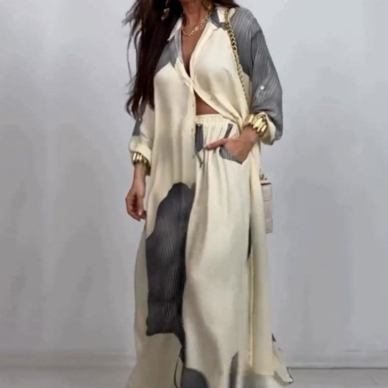 🌼Set cămașă lungă cu buton răsucit și pantaloni cu cordon