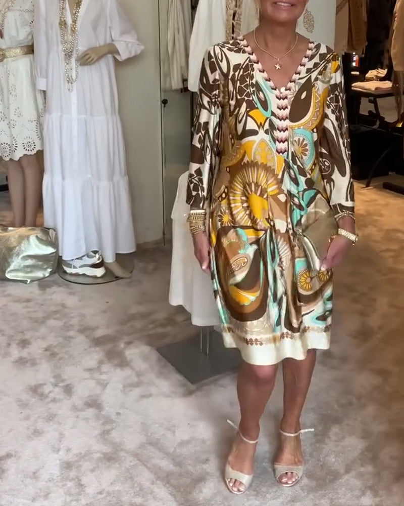Rochie casual cu decolteu în V și imprimeu vintage